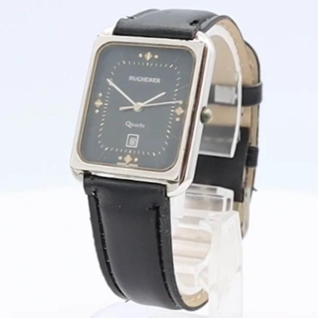Vintage Bucherer Blue Tank Date Ladies Quartz Wristwatch Swiss Steel  Chrome